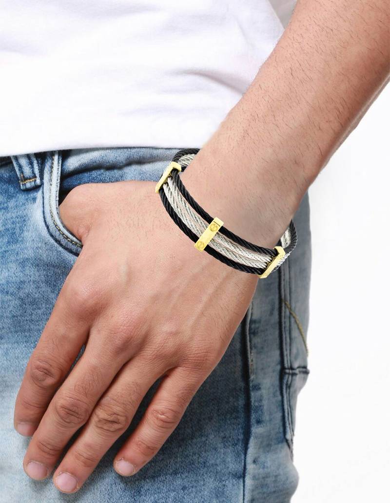 Rope black gold silver 316l surgical stainless steel openable free size kada bangle bracelet for men