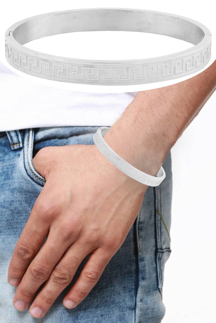 Italian designer silver 316l surgical stainless steel openable free size kada bangle bracelet men