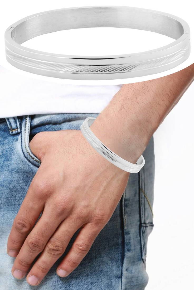 Italian etched silver 316l surgical stainless steel openable free size kada bangle bracelet men