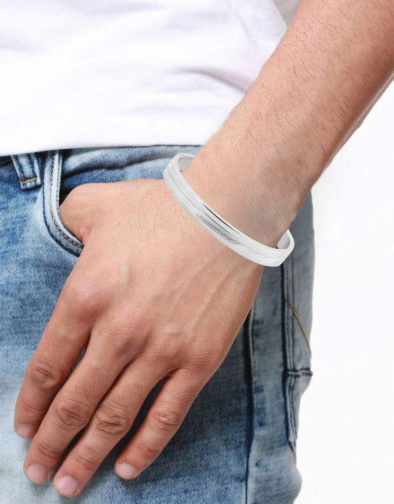 Italian etched silver 316l surgical stainless steel openable free size kada bangle bracelet men