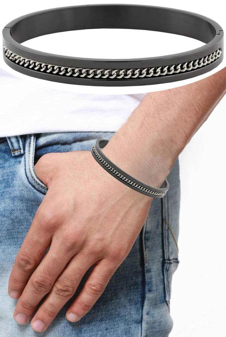 Designer curb silver black 316l surgical stainless steel openable free size kada bangle bracelet men