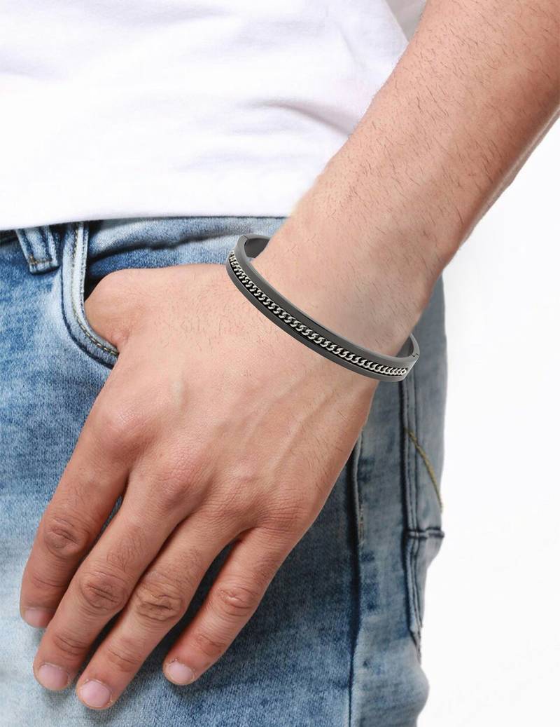 Designer curb silver black 316l surgical stainless steel openable free size kada bangle bracelet men