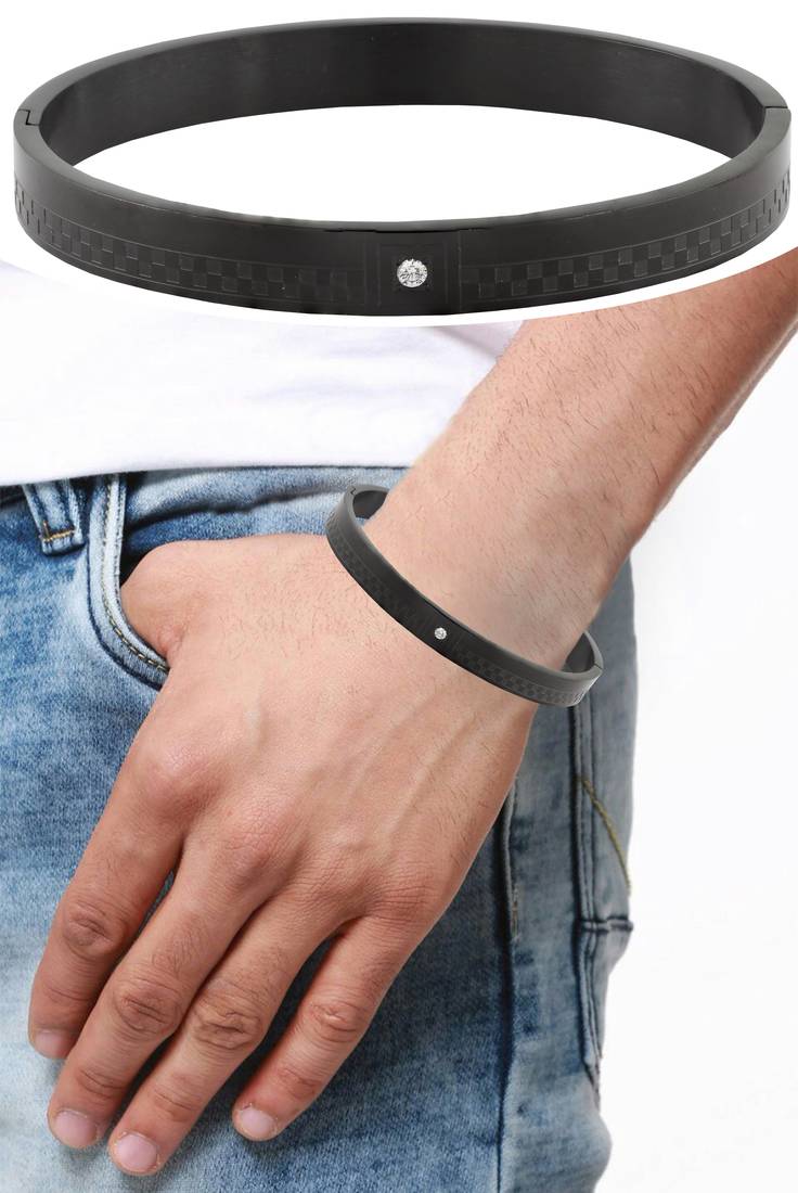 Formula 1 checks american diamond black stainless steel openable free size kada bangle bracelet men boy
