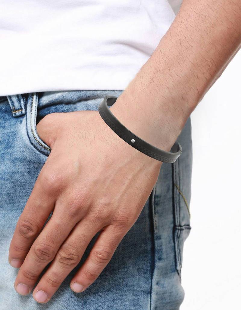 Formula 1 checks american diamond black stainless steel openable free size kada bangle bracelet men boy