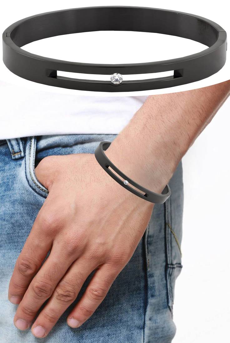 Formula 1 checks american diamond black stainless steel openable free size kada bangle bracelet men boy