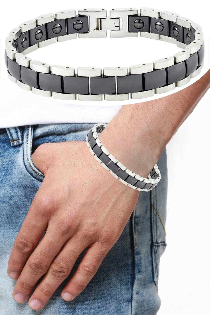 Black ceramic silver plated 316l surgical stainless steel bracelet for boys men