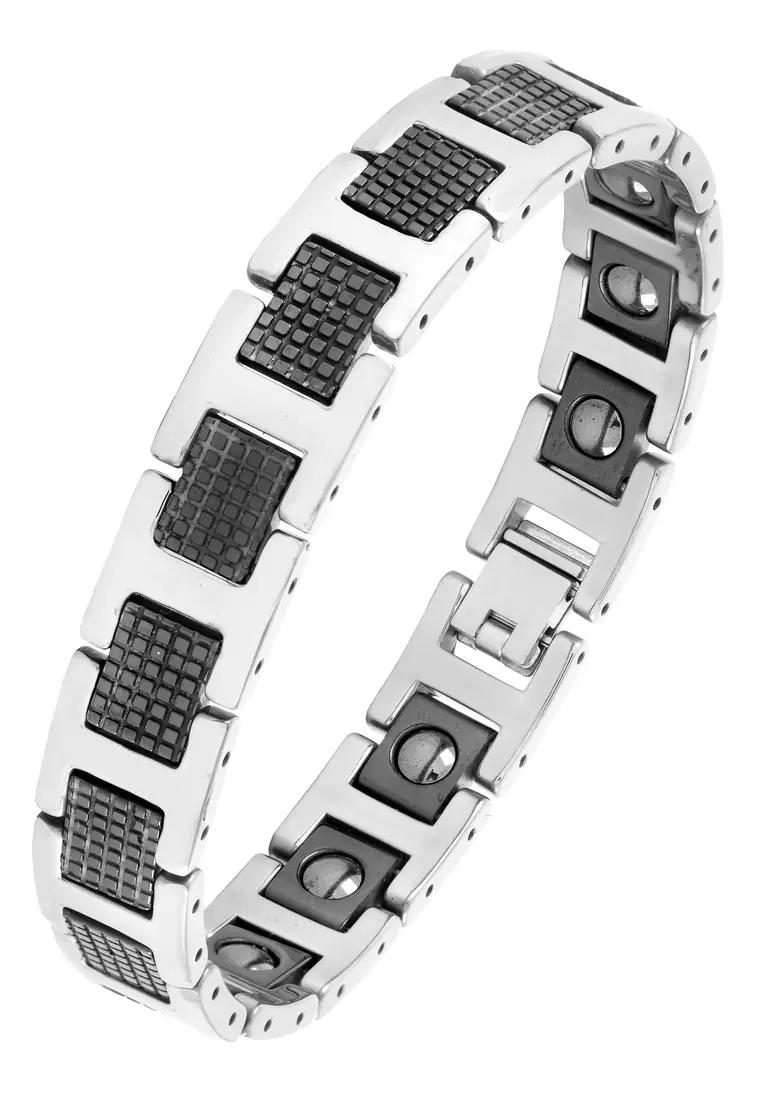 Checkered black ceramic silver plated 316l surgical stainless steel bracelet for boys men