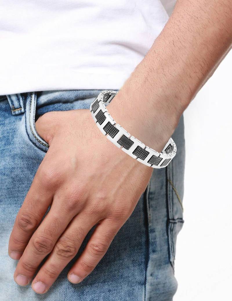 Checkered black ceramic silver plated 316l surgical stainless steel bracelet for boys men