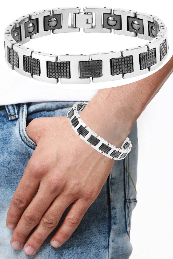 Checkered black ceramic silver plated 316l surgical stainless steel bracelet for boys men