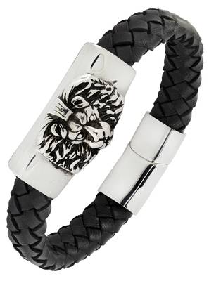 Punk lion high quality braided 100% genuine leather 316l stainless steel wrist band bracelet for men 1