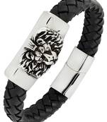 Punk lion high quality braided 100% genuine leather 316l stainless steel wrist band bracelet for men