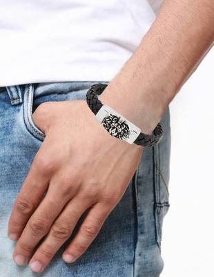 Punk lion high quality braided 100% genuine leather 316l stainless steel wrist band bracelet for men 2