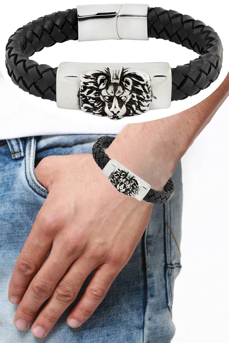 Punk lion high quality braided 100% genuine leather 316l stainless steel wrist band bracelet for men