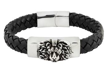 Punk lion high quality braided 100% genuine leather 316l stainless steel wrist band bracelet for men 4