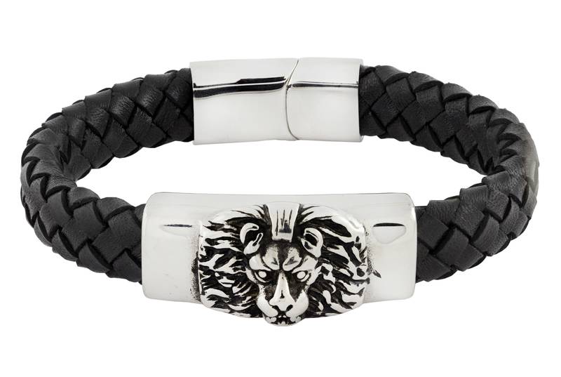 Punk lion high quality braided 100% genuine leather 316l stainless steel wrist band bracelet for men