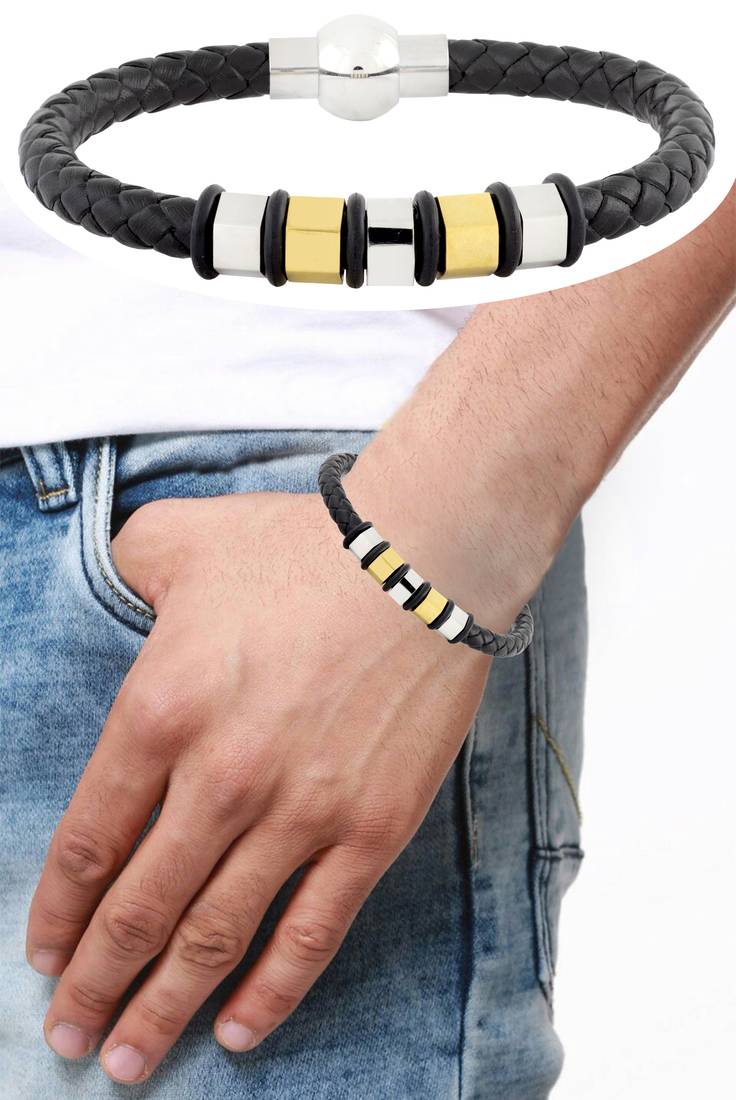 3d high quality braided 100% genuine leather 316l stainless steel wrist band bracelet men