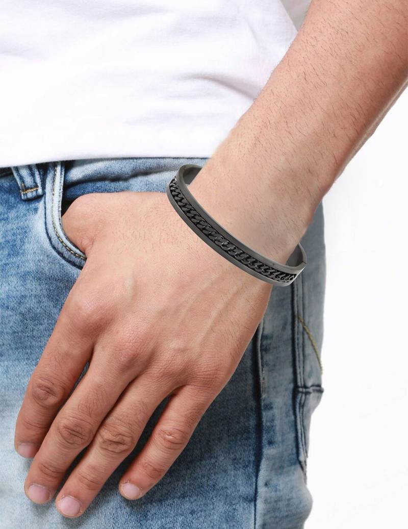 Designer curb silver black 316l surgical stainless steel openable free size kada bangle bracelet men