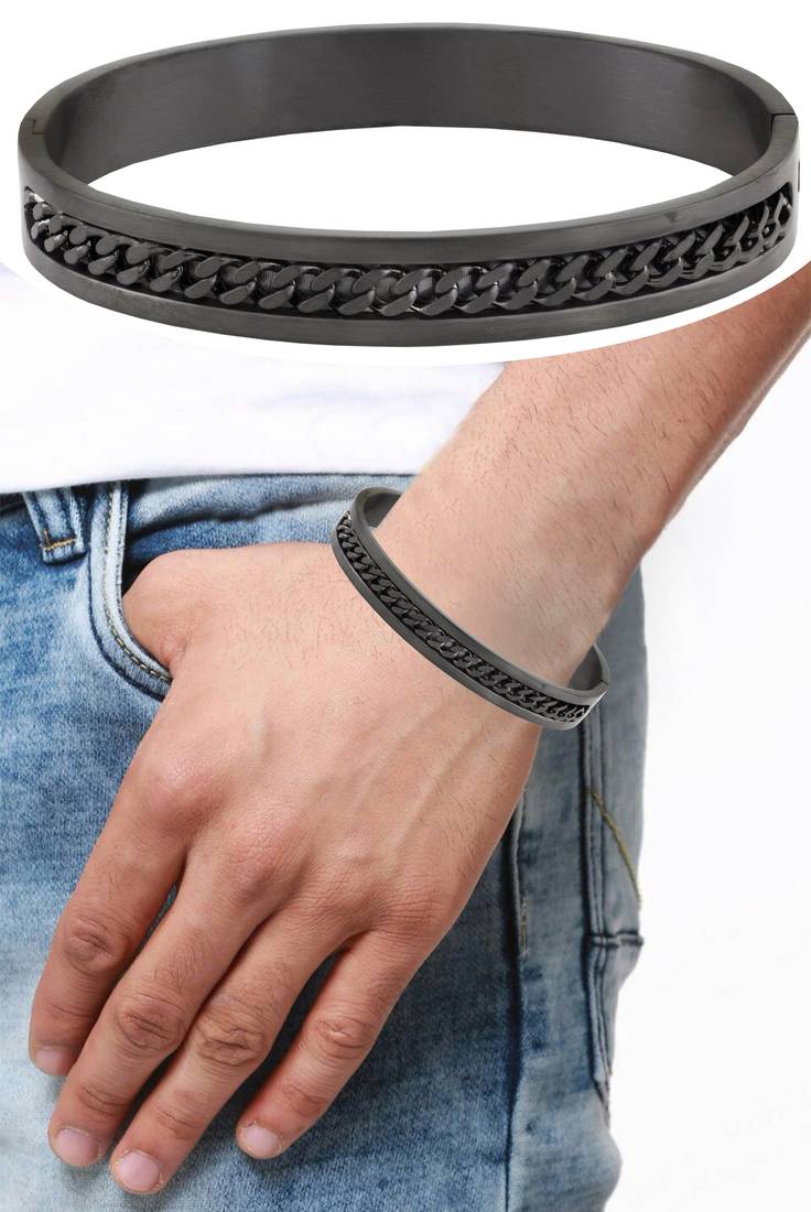 Designer curb silver black 316l surgical stainless steel openable free size kada bangle bracelet men