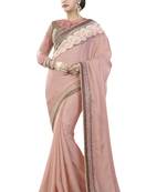 Peach embroidered silk blend saree with blouse