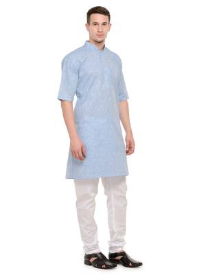 Light Blue  and  White Modi Kurta  and  Pyjama Set For Men 2