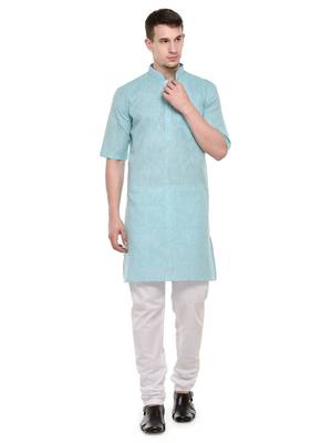 Sky Blue  and  White Modi kurta  and  Pyjama Set For Men 1