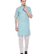 Sky Blue  and  White Modi kurta  and  Pyjama Set For Men