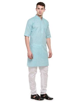 Sky Blue  and  White Modi kurta  and  Pyjama Set For Men 2