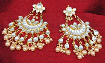 Polki Diamond Pearl Chand Bali Earrings 1