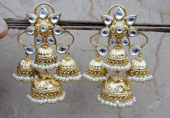 Floral Gold Polki Diamond Pearl Studded Jhumka Earrings 1