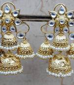 Floral Gold Polki Diamond Pearl Studded Jhumka Earrings