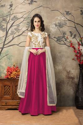 Rani pink embroidered taffeta salwar with dupatta 1