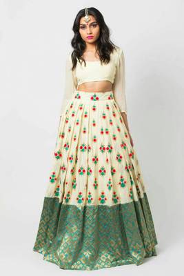 Multicolor embroidered cotton silk semi stitched lehenga with dupatta 1