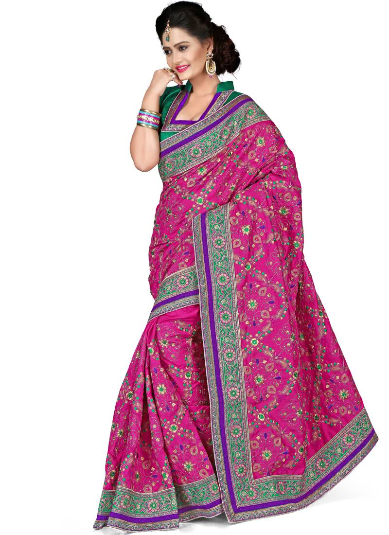 Rani pink embroidered manipuri silk saree with blouse - FABRICA TRENDZ ...