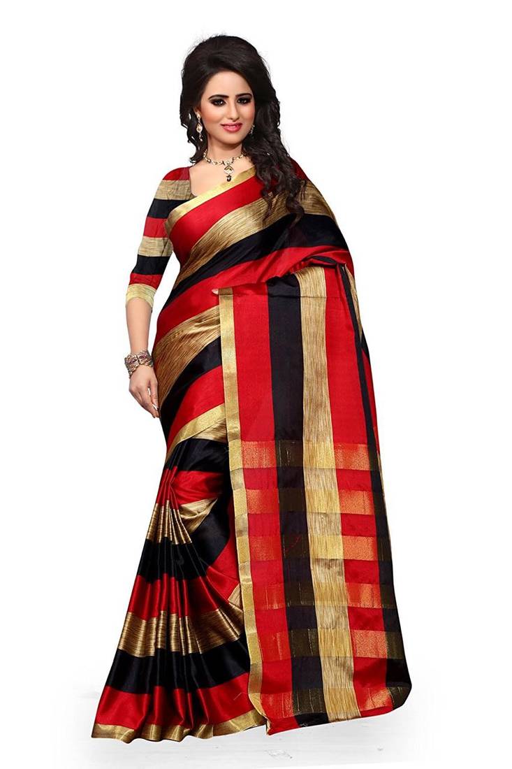 Multicolor plain cotton saree with blouse