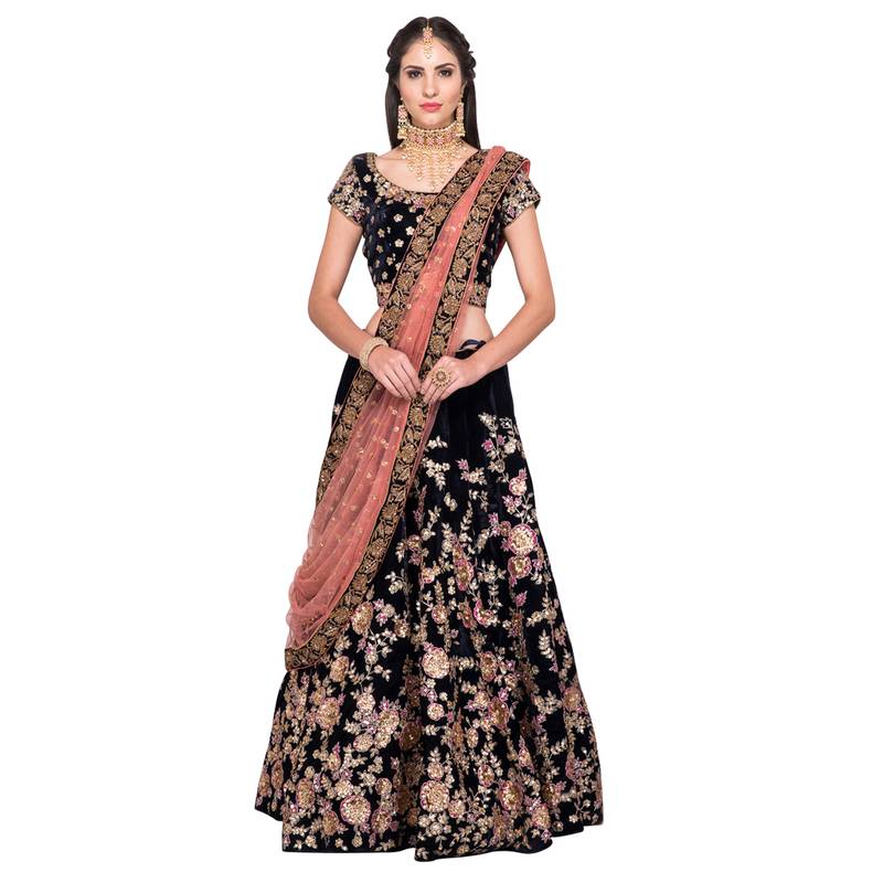 Fabron Navy blue embroidered semi velvet semi stitched lehenga choli material with peach net dupatta