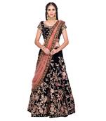 Fabron Navy blue embroidered semi velvet semi stitched lehenga choli material with peach net dupatta