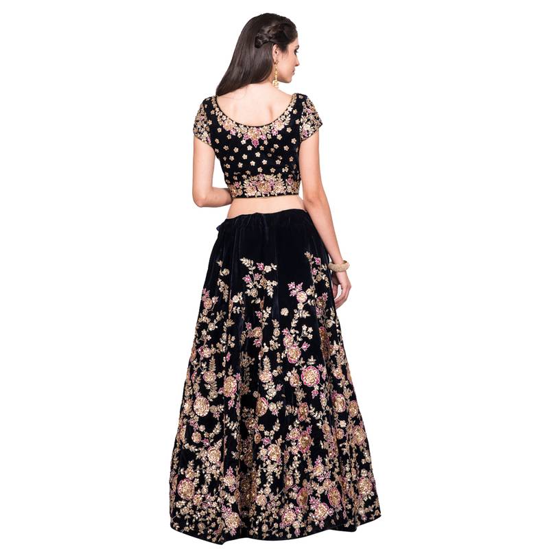 Fabron Navy blue embroidered semi velvet semi stitched lehenga choli material with peach net dupatta