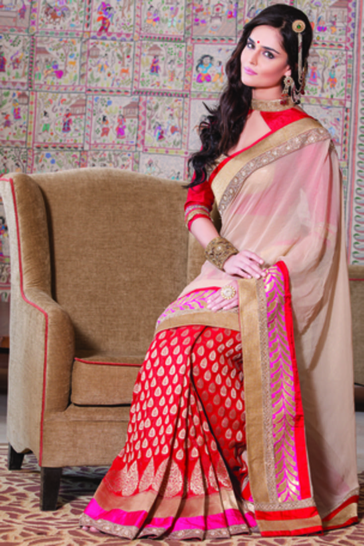 Red raw silk weaved designer saree with multi colour border-SR5717