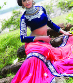 Peach & pink georgette zari worked saree in royal blue velvet border-SR5722