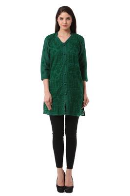 Green embroidered Pure Cotton stitched kurti 1
