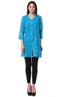 Blue embroidered Pure Cotton stitched kurti 1