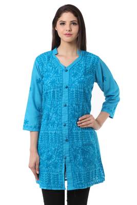 Blue embroidered Pure Cotton stitched kurti 2