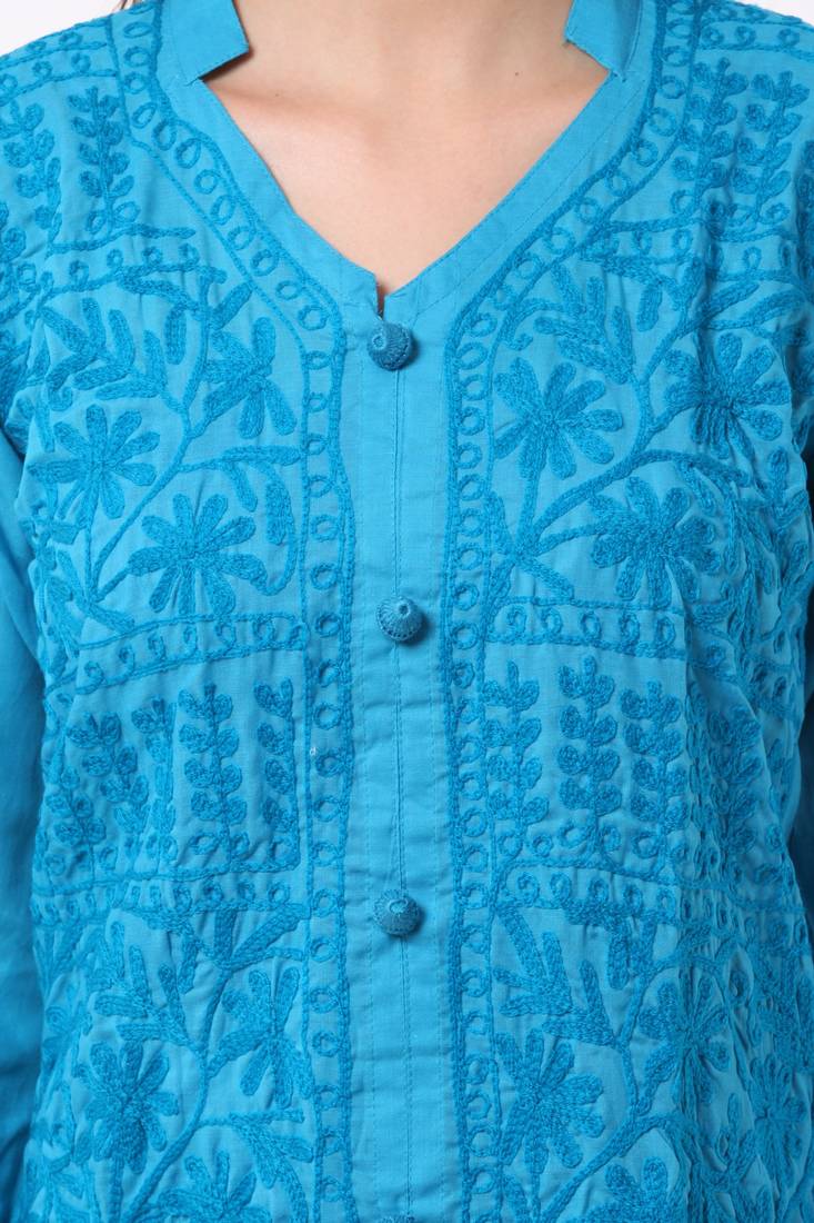 Blue embroidered Pure Cotton stitched kurti