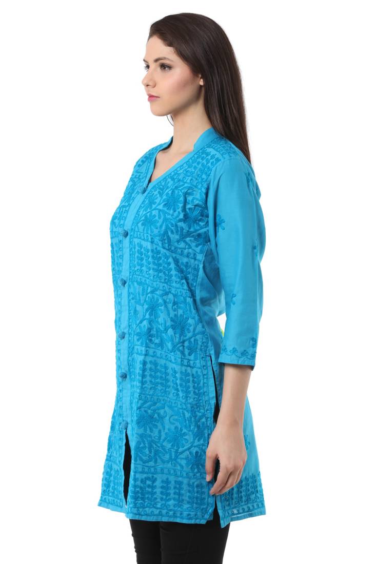 Blue embroidered Pure Cotton stitched kurti