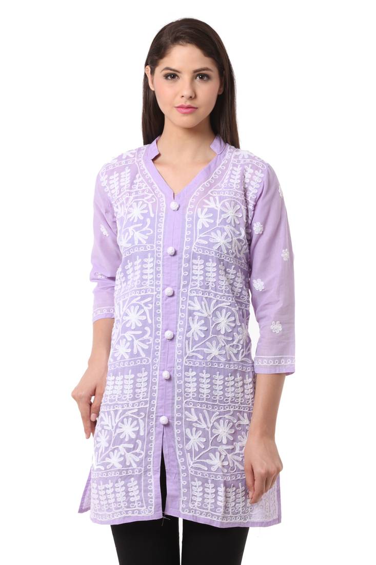 Purple embroidered Pure Cotton stitched kurti