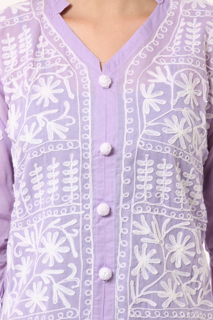 Purple embroidered Pure Cotton stitched kurti