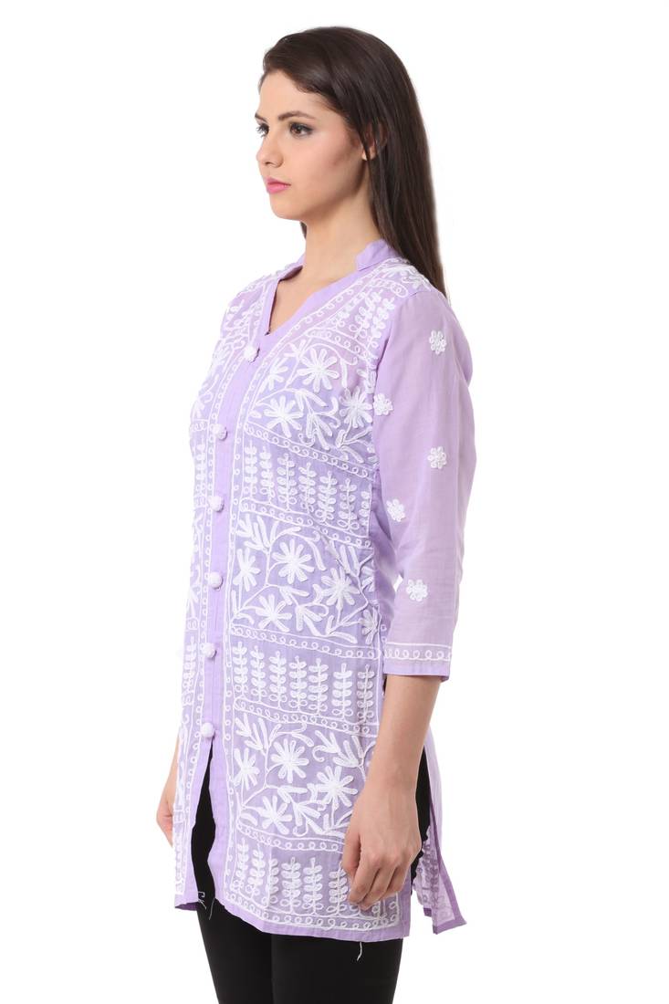 Purple embroidered Pure Cotton stitched kurti