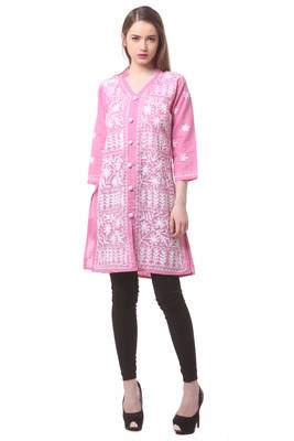 Pink embroidered Pure Cotton stitched kurti 1