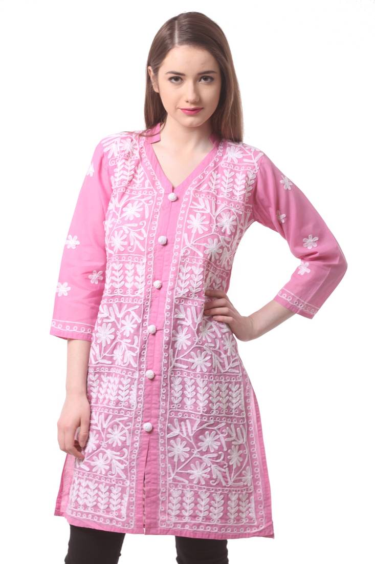 Pink embroidered Pure Cotton stitched kurti