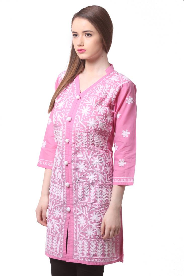 Pink embroidered Pure Cotton stitched kurti